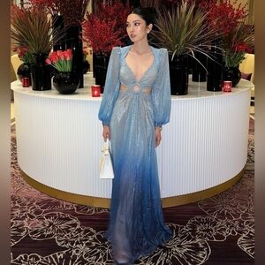 PATBO Ombré Lurex Plunging Cutout Maxi Gown in Aegean Blue Sz 4 Small